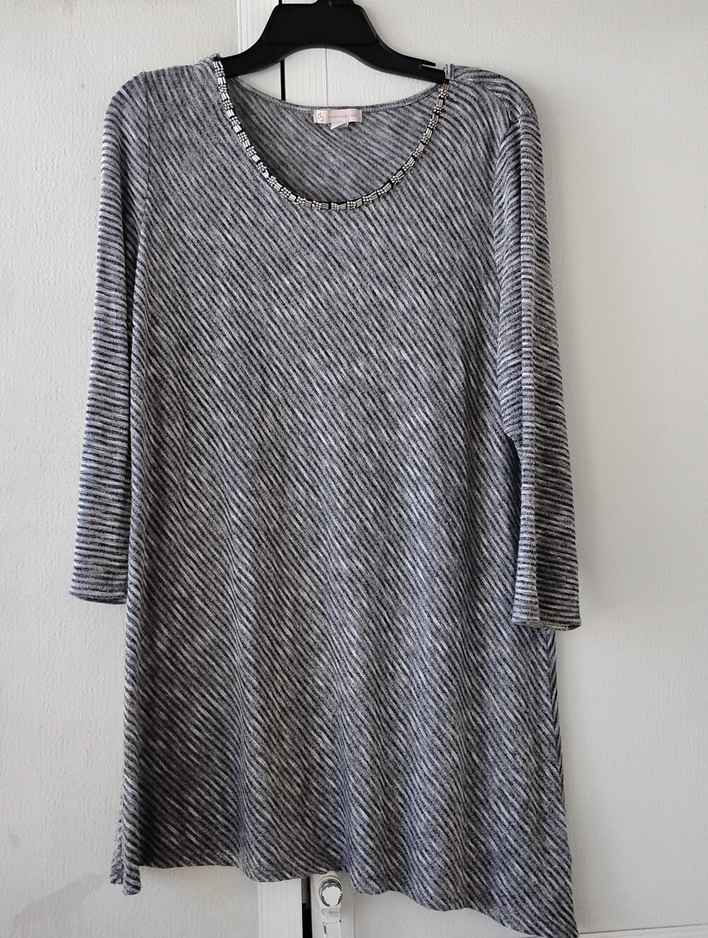 Grey Striped Knit Tunic Top with Embellished Neckline